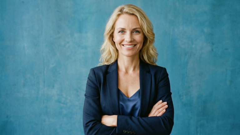 Lächelnde Frau im blauen Anzug vor blauem Hintergrund