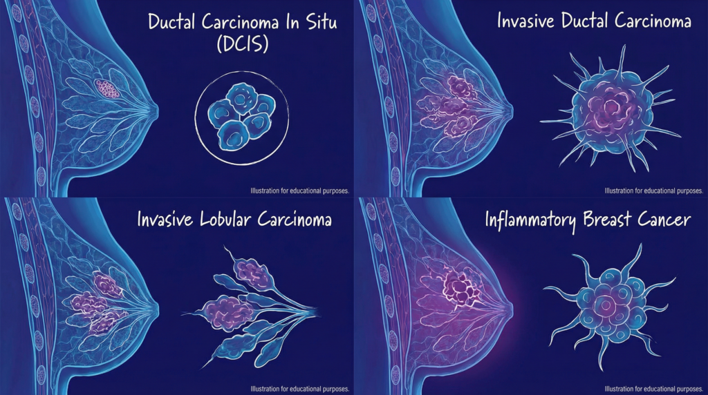 Illustration verschiedener Brustkrebsarten im Vergleich