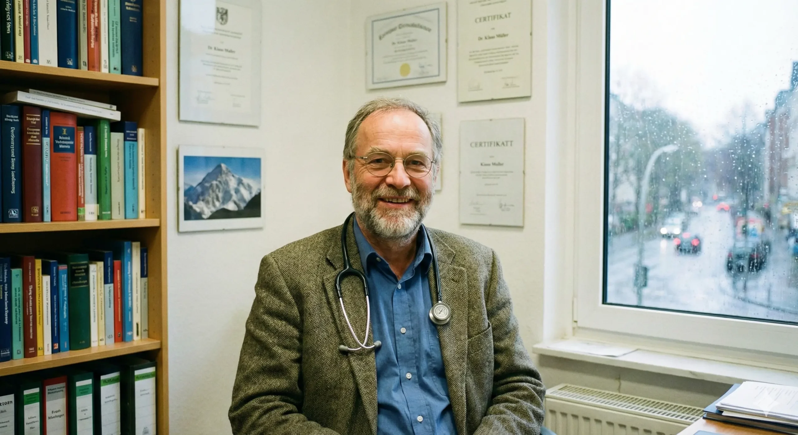 Arzt mit Stethoskop sitzt in seinem Büro