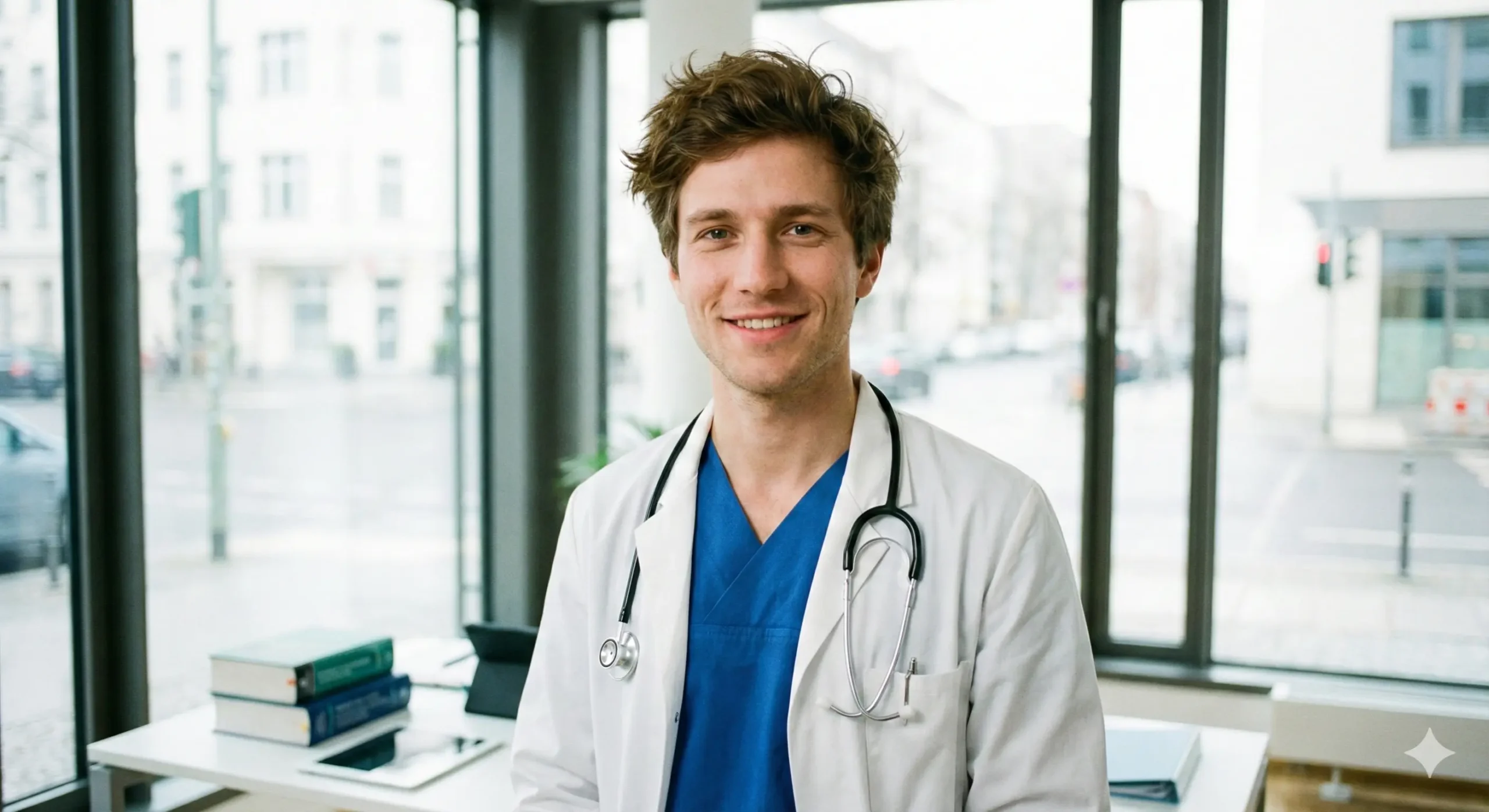 Lächelnder Arzt im Büro mit Stethoskop