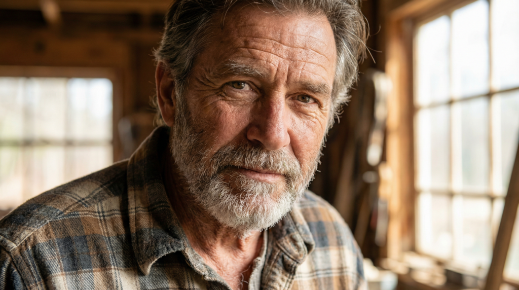 Älterer Mann in kariertem Hemd in Werkstatt