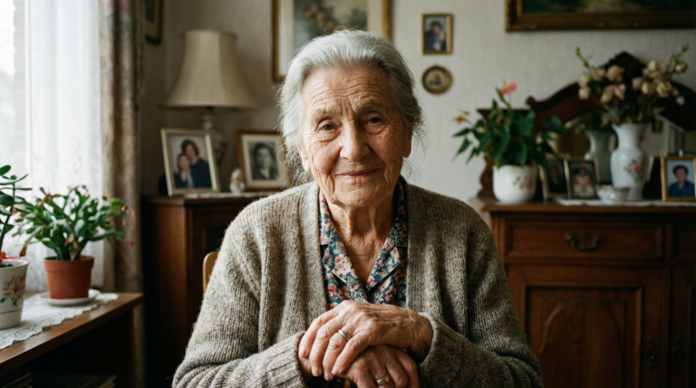 Ältere Frau sitzt lächelnd in gemütlichem Wohnzimmer.