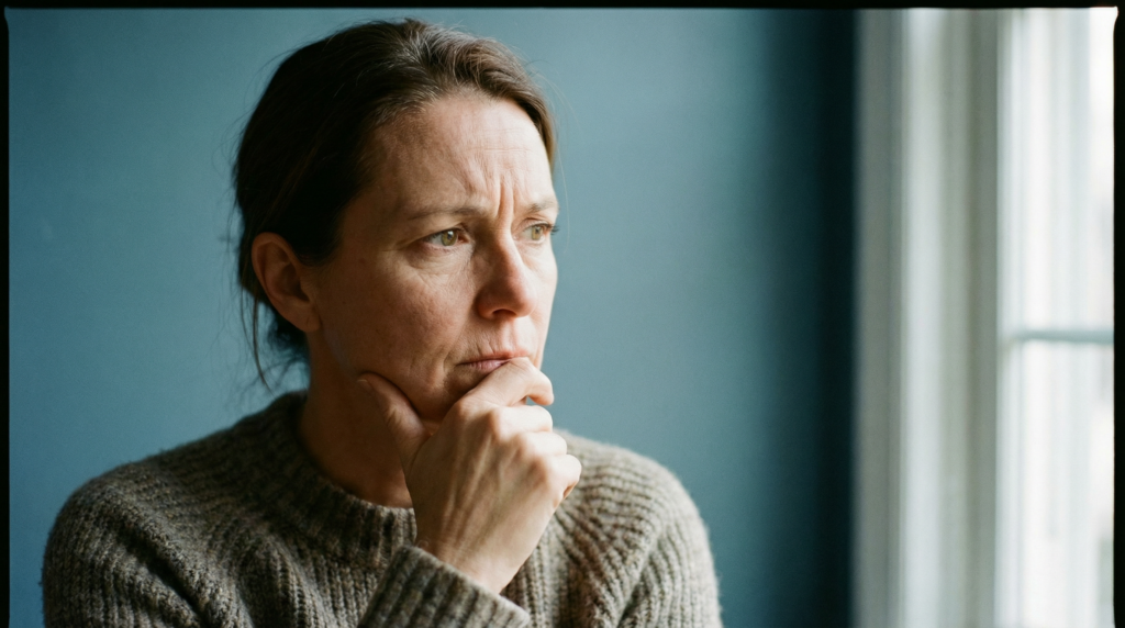 Nachdenkliche Frau schaut aus dem Fenster