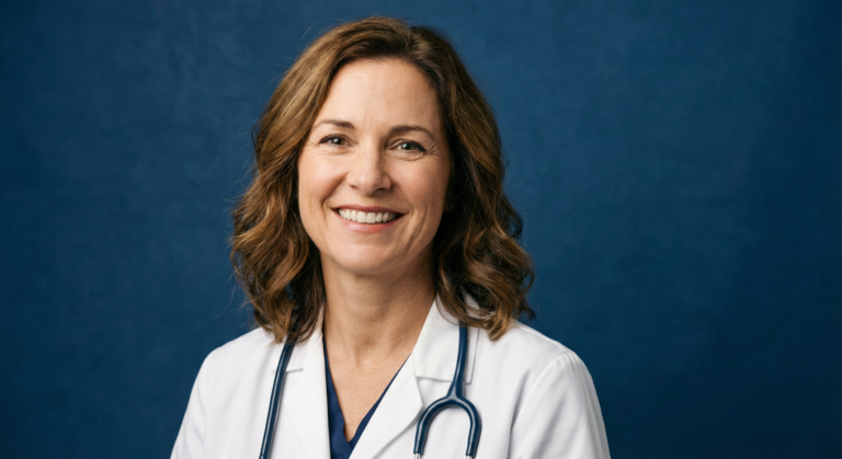 Lächelnde Ärztin mit Stethoskop vor blauem Hintergrund