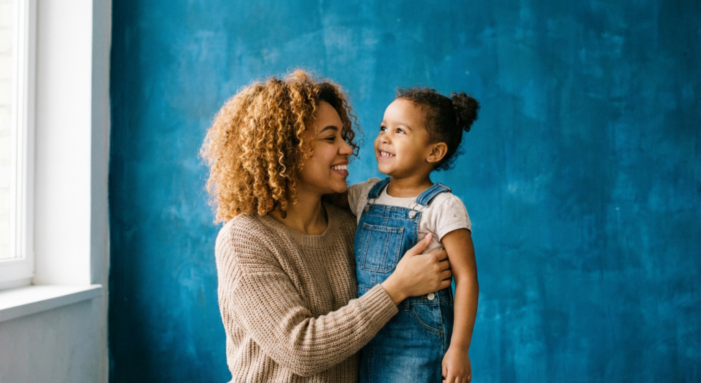 Lächelnde Mutter hält glückliches Kind vor blauer Wand