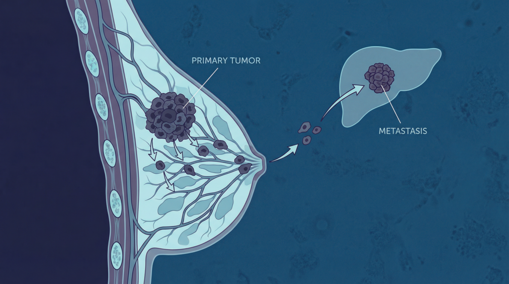 Brustkrebsdiagramm mit Tumor und Metastasenbildung