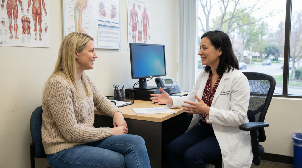 Ärztin spricht mit Patientin im Behandlungszimmer