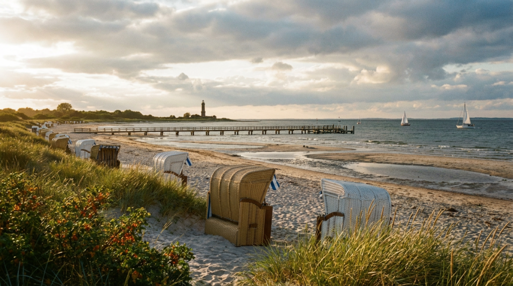 Strand mit Strandkörben, Meer und Leuchtturm bei Sonnenuntergang