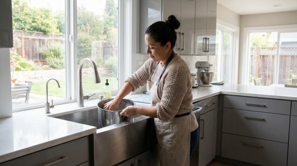 Frau wäscht Geschirr in moderner Küche